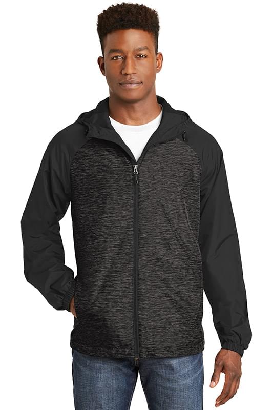 Sport-Tek &#174;  Heather Colorblock Raglan Hooded Wind Jacket. JST40